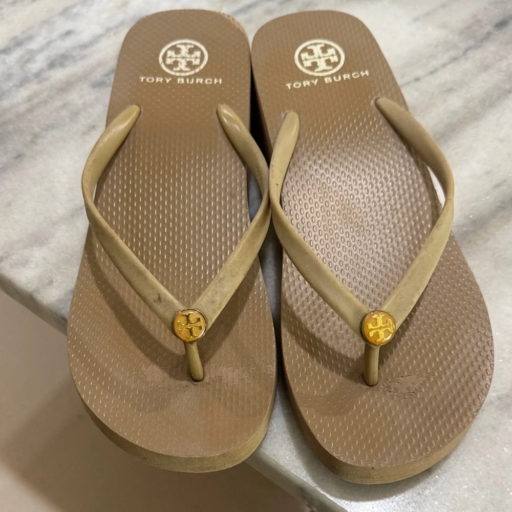 Tory Burch Tan Logo Thong Sandals